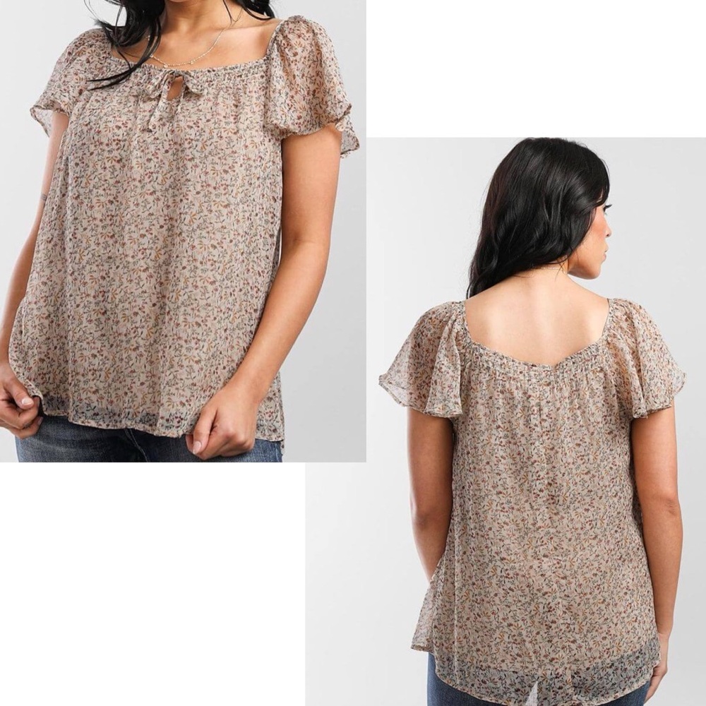 DAYTRIP Boho Tan Floral Print Flutter Sleeve Chiffon Top M
